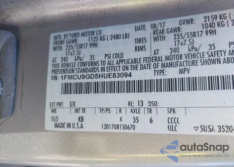 2017 Ford Escape Se из США, поврежденный, VIN 1FMCU9GD5HUE83094